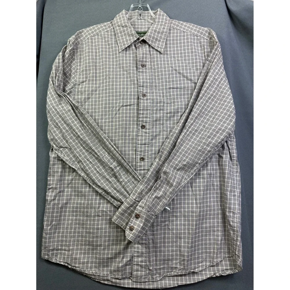 Eddie Bauer Mens Medium Plaid Button Down Shirt Long Sleeve Cotton‎ Brown Blue